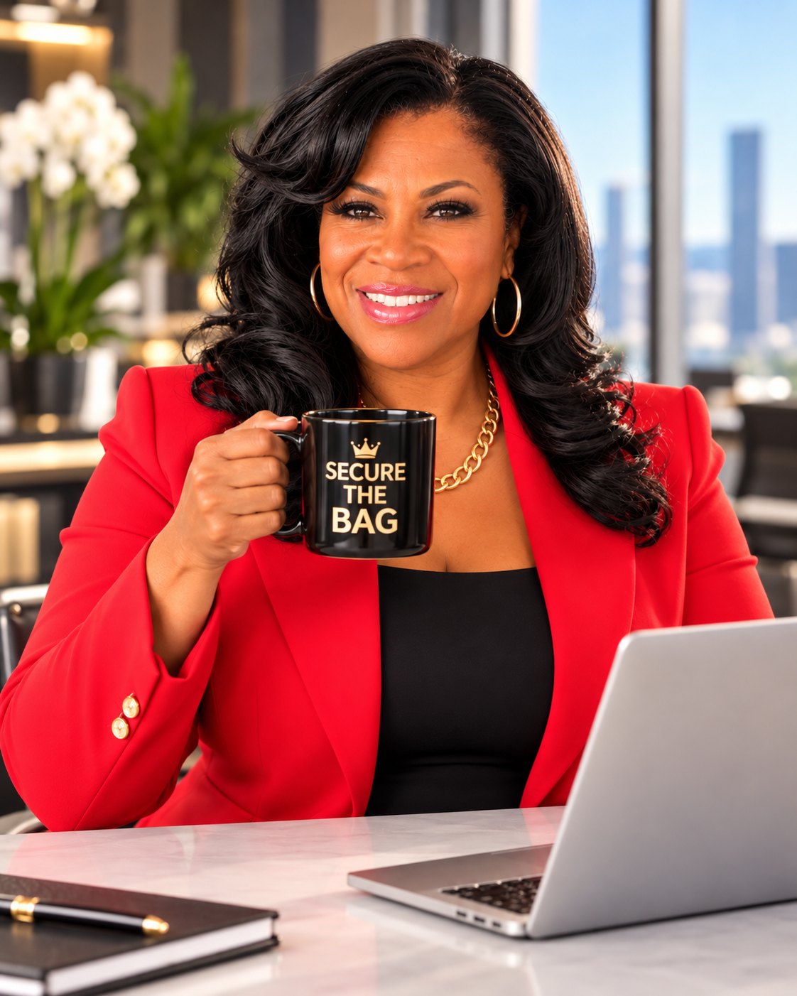 Ms. B The Money Lady in a red blazer at her desk, smiling and holding a mug